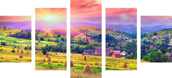 Tablou 5-piese grămadă de fân în munțiile carpațiilor
