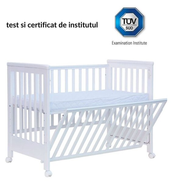 Patut co-sleeping 120x60 cu laterala culisanta total si roti Treppy Dreamy Plus, integral din lemn masiv fag, reglabil pe 5 nivele, include sistem de ancorare, certificat TUV, EN716-1, EN716-2, culoare alb