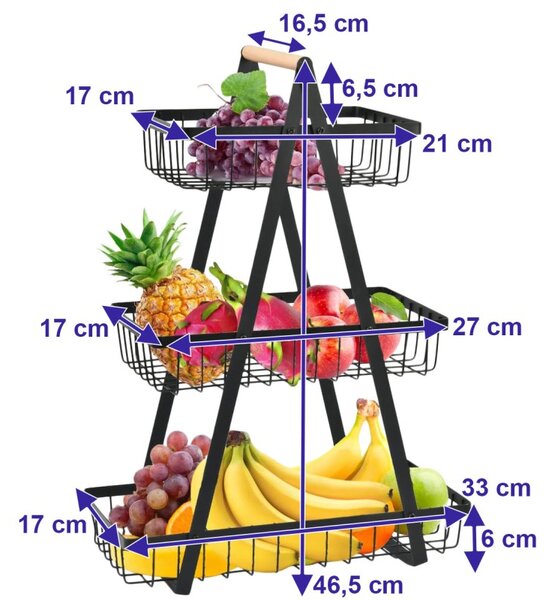 Cos metalic de depozitare, 3 nivele, inaltime totala 46,5 cm, utilizare universala