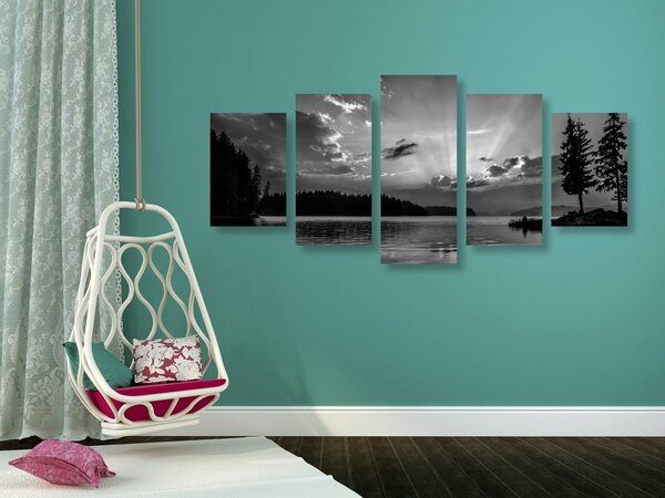 Tablou 5-piese reflexie lacului de munte în design alb-negru