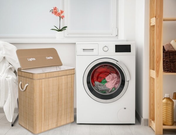 Cos de rufe cu 2 compartimente, Soren, capacitate 100 L, doua manere, bambus natural