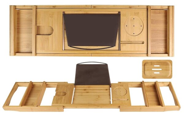 Raft pentru baie, HALIA, suport tableta, soclu lumanari, latime reglabila 75-111, bambus