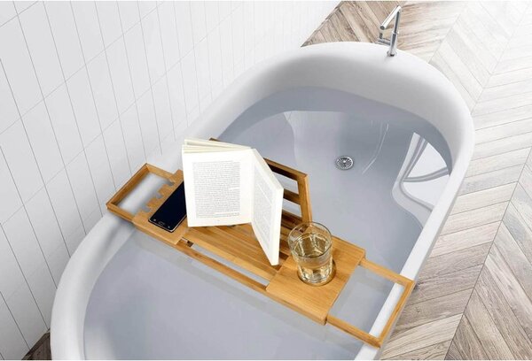 Raft din bambus pentru baie, glisant, lungime 50-85 cm, suporturi pahare, natur