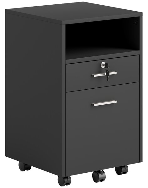 Vinsetto Comodă de Birou cu 2 Sertare și Raft Deschis, Mobilier cu 5 Rotile, Încuietoare și 2 Chei, 39x40x65 cm, Negru | Aosom Romania