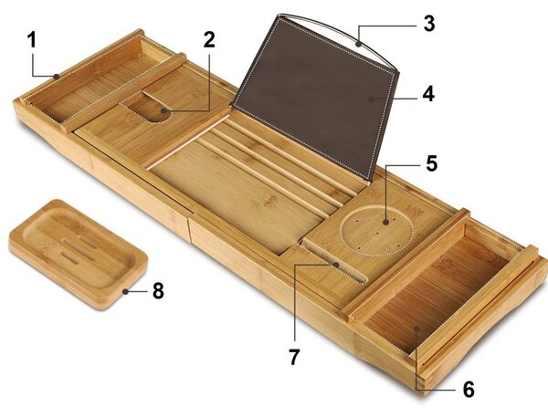 Raft pentru baie, HALIA, suport tableta, soclu lumanari, latime reglabila 75-111, bambus