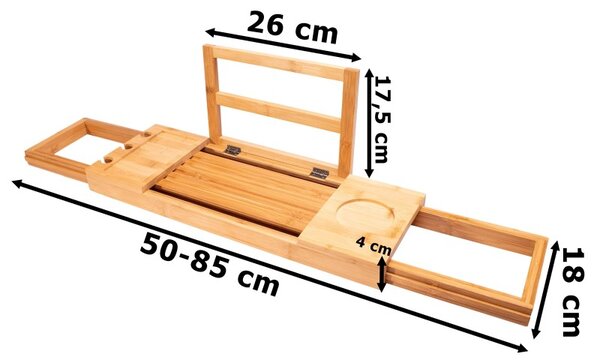 Raft din bambus pentru baie, glisant, lungime 50-85 cm, suporturi pahare, natur