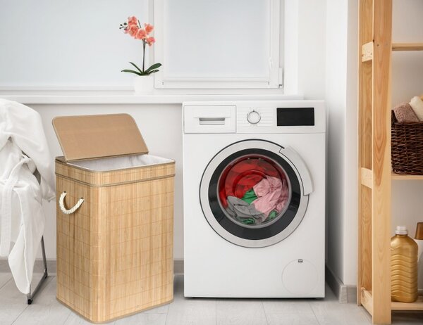 Cos de rufe cu capac, din bambus, capacitate 80 litri, manere sustinere, inaltime 60 cm