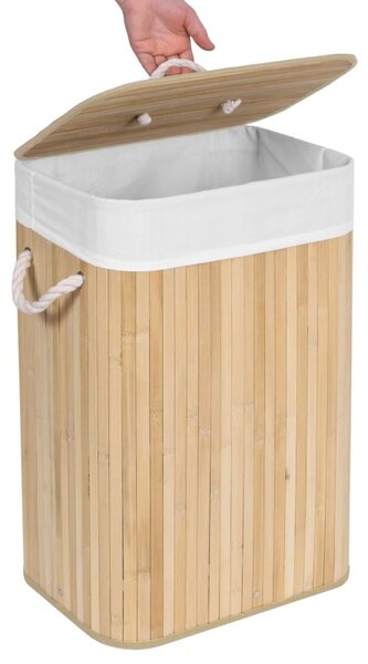 Cos de rufe cu capac, manere sustinere, inaltime 59 cm, 80 litri, interior textil, bambus natural
