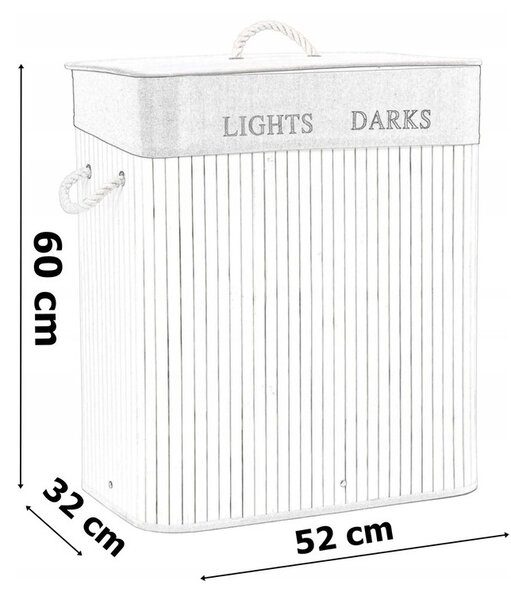 Cos de rufe din bambus, 2 compartimente, interior captusit, capacitate 100L, 60x52x32 cm, natural