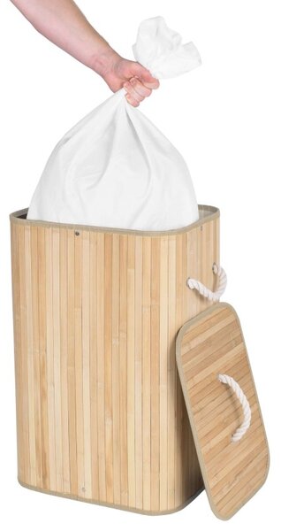 Cos de rufe cu capac, manere sustinere, inaltime 59 cm, 80 litri, interior textil, bambus natural