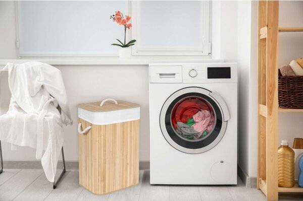Cos de rufe cu capac, manere sustinere, inaltime 59 cm, 80 litri, interior textil, bambus natural