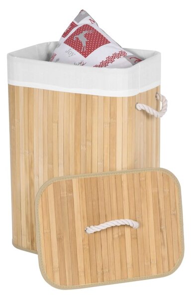 Cos de rufe cu capac, manere sustinere, inaltime 59 cm, 80 litri, interior textil, bambus natural