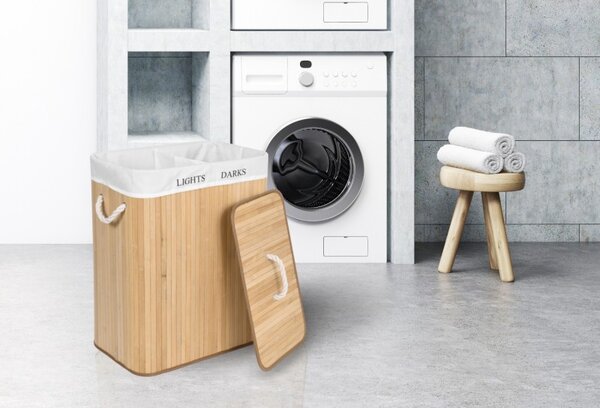 Cos de rufe din bambus, 2 compartimente, interior captusit, capacitate 100L, 60x52x32 cm, natural