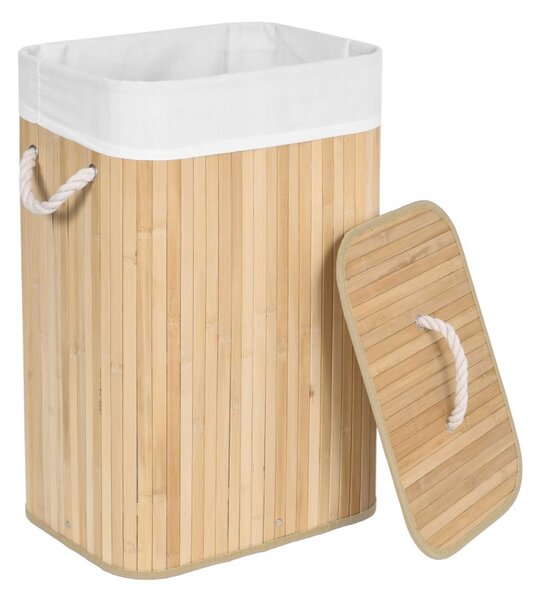 Cos de rufe cu capac, manere sustinere, inaltime 59 cm, 80 litri, interior textil, bambus natural