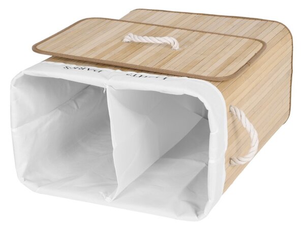 Cos de rufe din bambus, 2 compartimente, interior captusit, capacitate 100L, 60x52x32 cm, natural