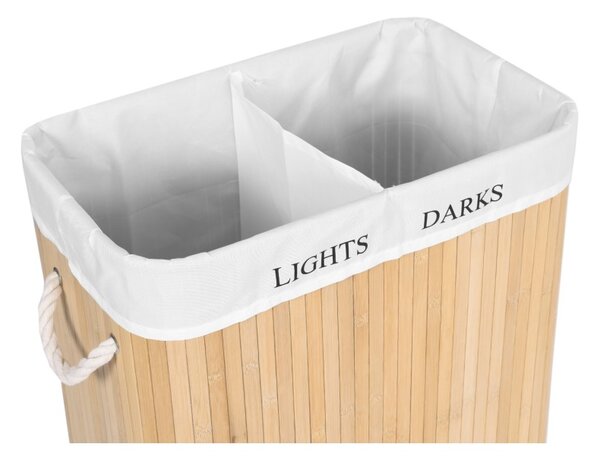 Cos de rufe din bambus, 2 compartimente, interior captusit, capacitate 100L, 60x52x32 cm, natural