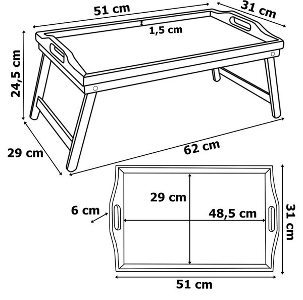 Tava mic dejun, pliabila, manere transport, bambus si MDF, 51x31x24,5 cm