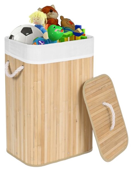Cos de rufe cu capac, manere sustinere, inaltime 59 cm, 80 litri, interior textil, bambus natural