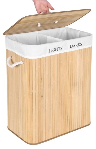 Cos de rufe din bambus, 2 compartimente, interior captusit, capacitate 100L, 60x52x32 cm, natural