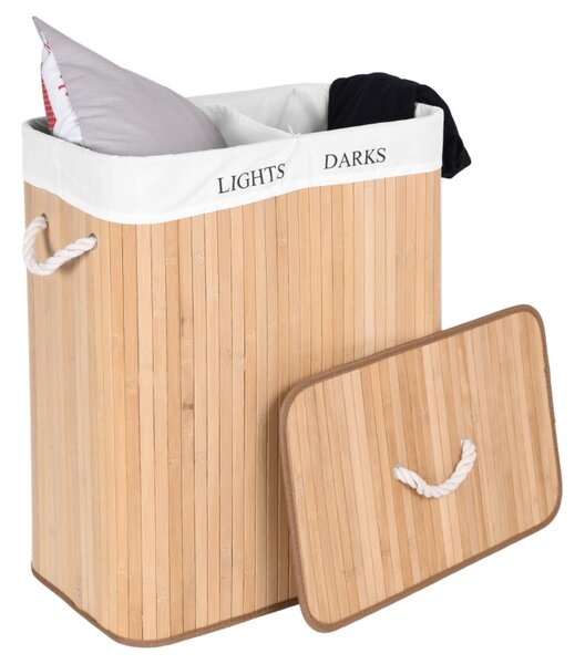 Cos de rufe din bambus, 2 compartimente, interior captusit, capacitate 100L, 60x52x32 cm, natural