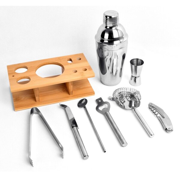 Set barman, 9 piese otel inoxidabil pentru preparare cocktail, suport bambus