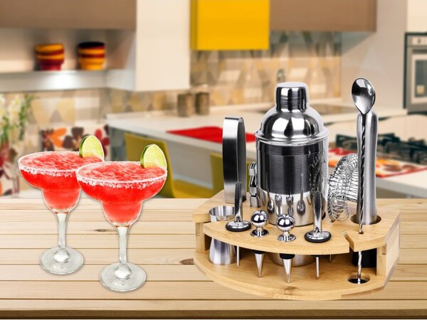 Set ustensile barman cu suport si 12 piese, CHESTER, pahar masura, cleste gheata, Cocktail Shaker 750 ml, bambus si otel