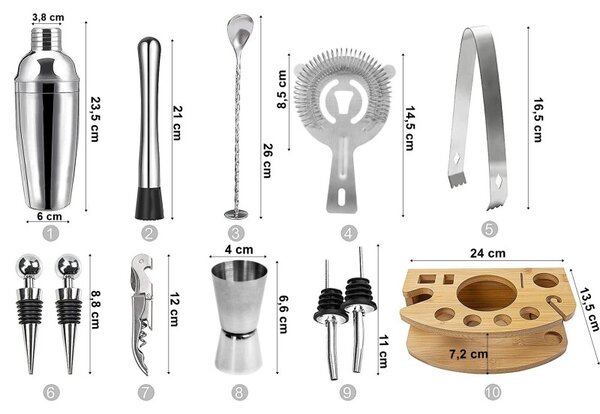 Set ustensile barman cu suport si 12 piese, CHESTER, pahar masura, cleste gheata, Cocktail Shaker 750 ml, bambus si otel