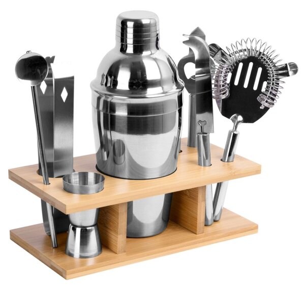 Set barman, 9 piese otel inoxidabil pentru preparare cocktail, suport bambus
