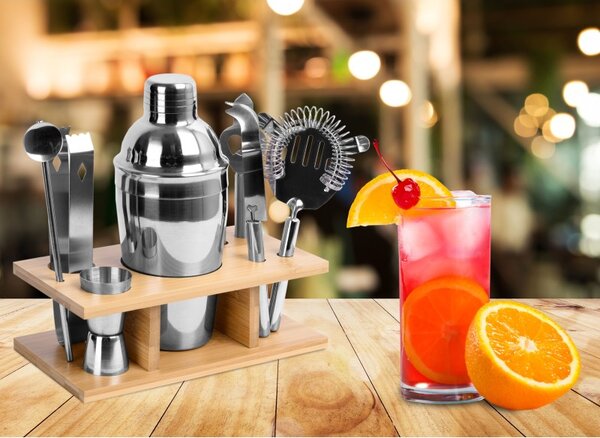 Set barman, 9 piese otel inoxidabil pentru preparare cocktail, suport bambus
