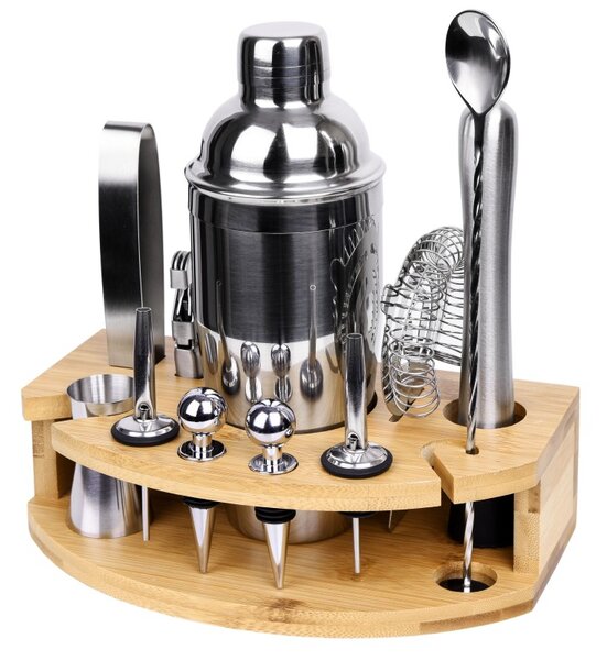 Set ustensile barman cu suport si 12 piese, CHESTER, pahar masura, cleste gheata, Cocktail Shaker 750 ml, bambus si otel