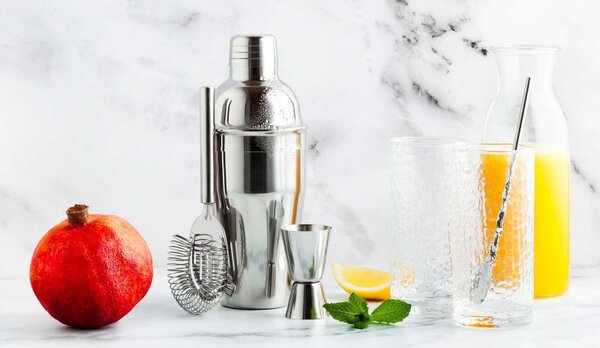 Set barman, 9 piese otel inoxidabil pentru preparare cocktail, suport bambus