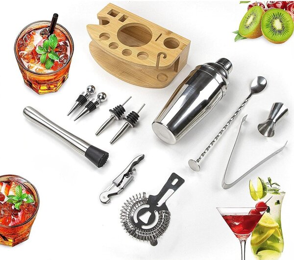 Set ustensile barman cu suport si 12 piese, CHESTER, pahar masura, cleste gheata, Cocktail Shaker 750 ml, bambus si otel