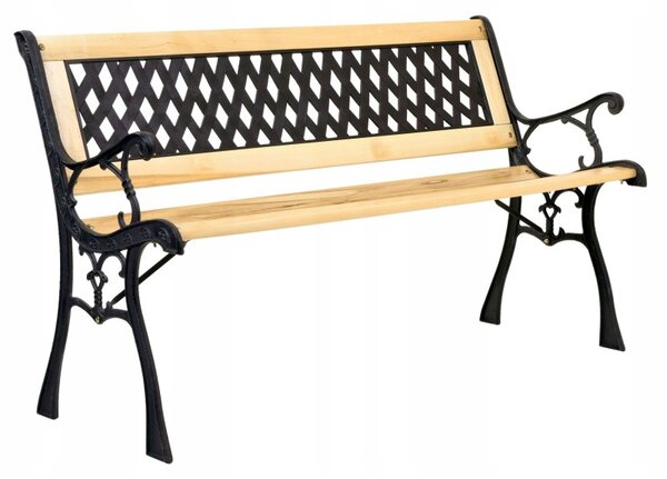 Banca de gradina Karo, lemn lacuit si fonta, latime 120 cm, inaltime 79 cm, adancime 61 cm
