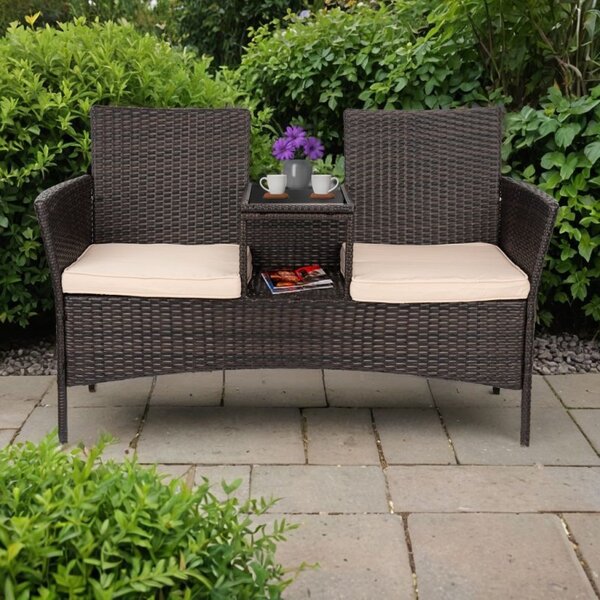 Canapea dubla de exterior, masuta inclusa, perne sezut, sarcina maxima 300 kg, ratan sintetic, 84x52x129 cm