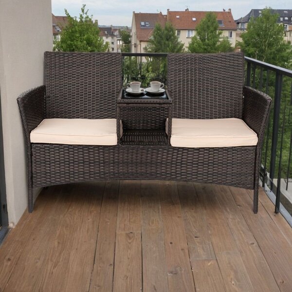 Canapea dubla de exterior, masuta inclusa, perne sezut, sarcina maxima 300 kg, ratan sintetic, 84x52x129 cm