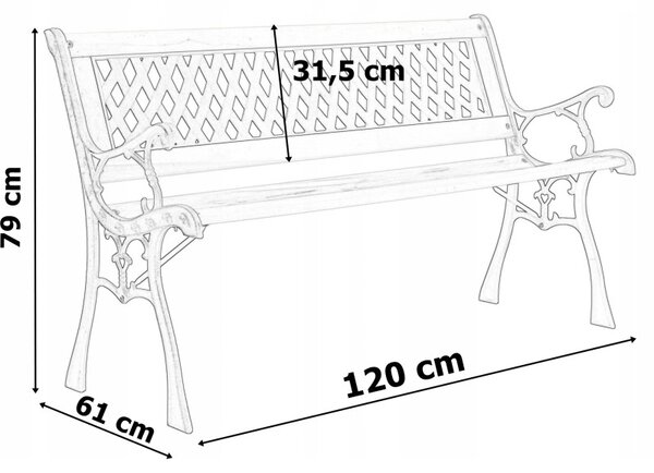 Banca de gradina Karo, lemn lacuit si fonta, latime 120 cm, inaltime 79 cm, adancime 61 cm