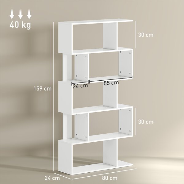HOMCOM Bibliotecă Asimetrică în Formă de S cu 5 Niveluri și 10 Rafturi Deschise, 80x24x159 cm, Alb | Aosom Romania