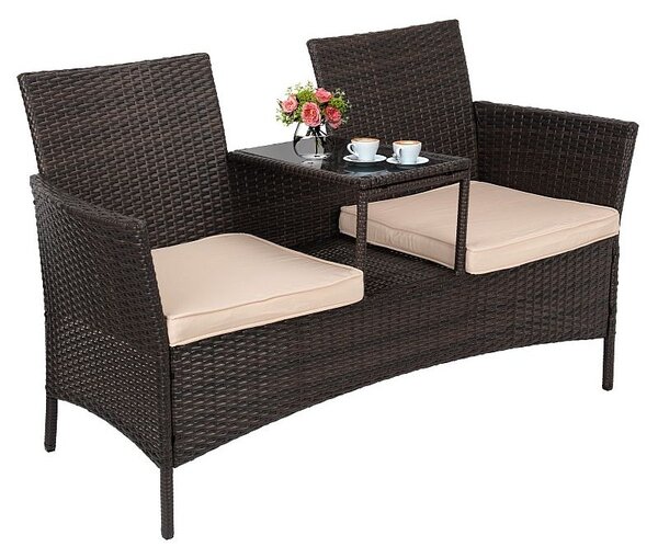 Canapea dubla de exterior, masuta inclusa, perne sezut, sarcina maxima 300 kg, ratan sintetic, 84x52x129 cm