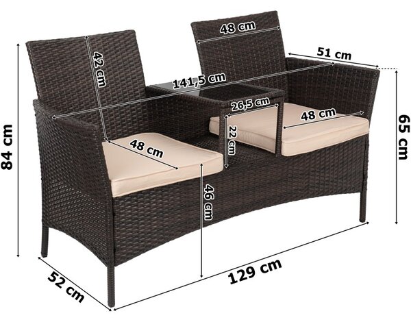 Canapea dubla de exterior, masuta inclusa, perne sezut, sarcina maxima 300 kg, ratan sintetic, 84x52x129 cm