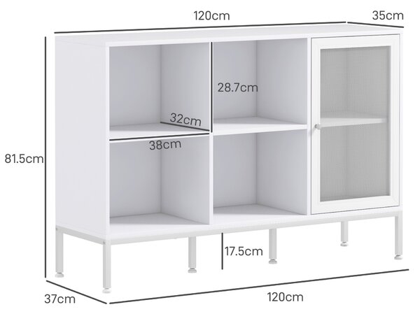 HOMCOM Dulap Modern de Depozitare cu Ușă din Plasă, 4 Compartimente Deschise și Raft Reglabil, 120x37x81.5 cm, Alb | Aosom Romania