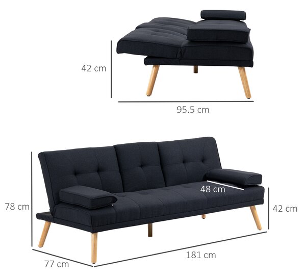 HOMCOM Canapea Extensibilă cu 3 Locuri, 2 Brațe Detașabile și Suport pentru Pahare, 181x77x78 cm, Gri antracit | Aosom Romania