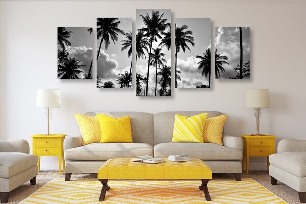 Tablou 5-piese palmieri de cocos pe plajă în design alb-negru