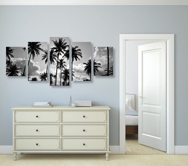 Tablou 5-piese palmieri de cocos pe plajă în design alb-negru