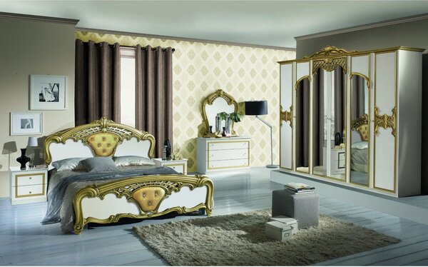 Set dormitor EVA, alb/auriu, pat 160x200 cm, dressing, 2 noptiere, com