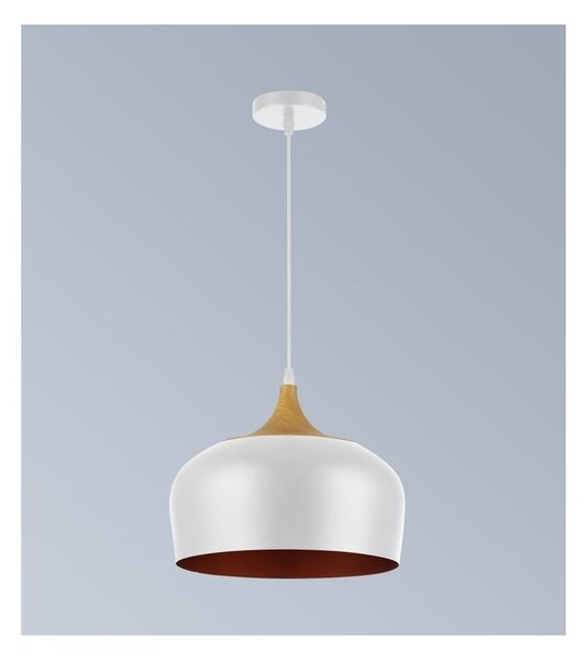 Lustra suspendata moderna, LED 60W, soclu E27, diametru abajur 30 cm, alb, auriu, lemn