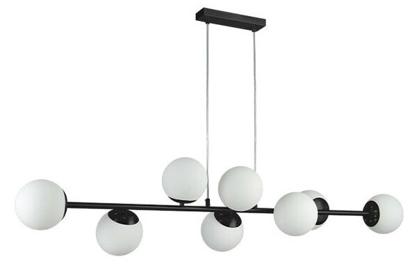 Lustra suspendata, 8 surse de lumina, 35W, abajur 12 cm, inaltime 80 cm, metal si sticla