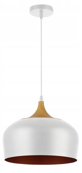 Lustra suspendata moderna, LED 60W, soclu E27, diametru abajur 30 cm, alb, auriu, lemn