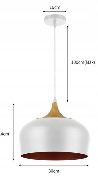 Lustra suspendata moderna, LED 60W, soclu E27, diametru abajur 30 cm, alb, auriu, lemn
