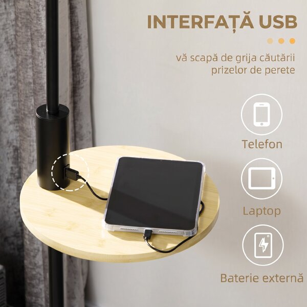 HOMCOM Lampă de Podea din Bambus cu Raft Integrat, Neagră și Bej | Aosom Romania