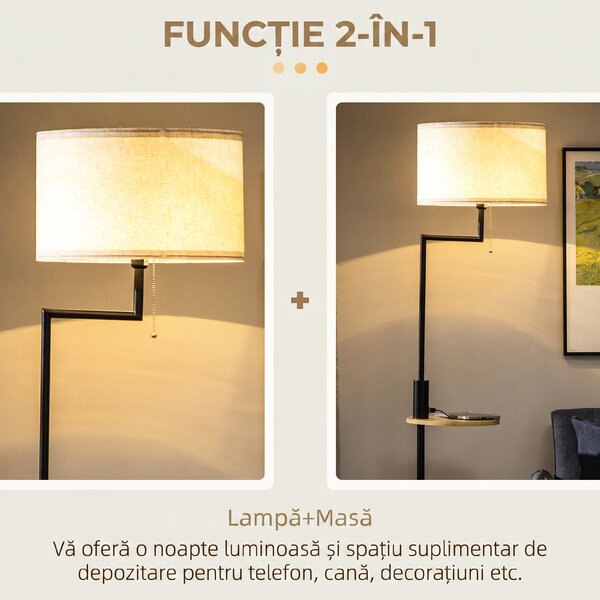 HOMCOM Lampă de Podea din Bambus cu Raft Integrat, Neagră și Bej | Aosom Romania